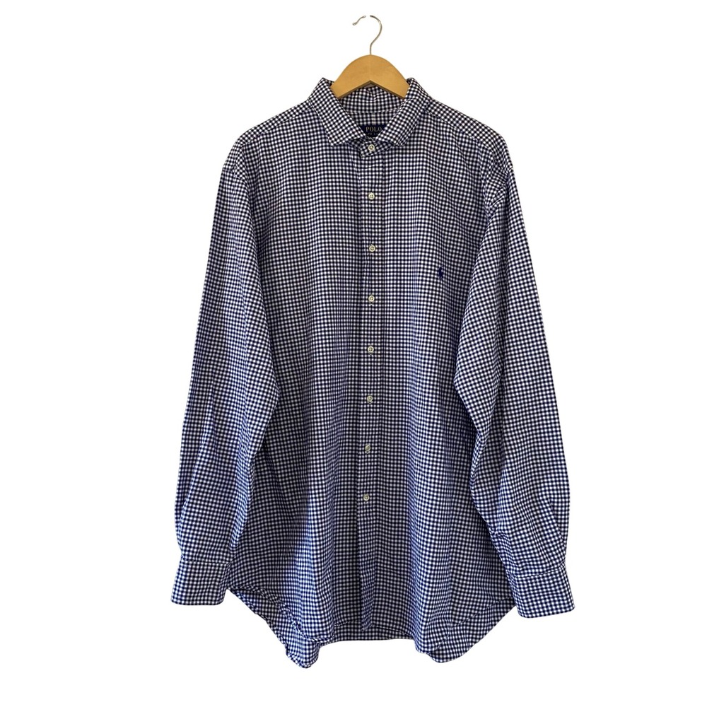 Polo Ralph Lauren Mens 2XLT Gingham Oxford Cotton Shirt Navy Blue Embroidered